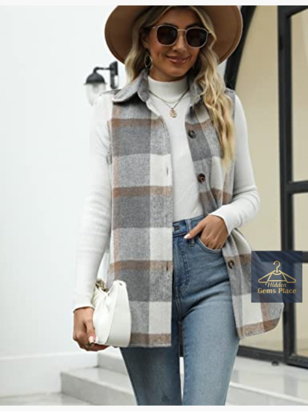 Women's Plaid Vest Brushed Flannel Sleeveless Shacket with Pockets - Picture 3 of 7